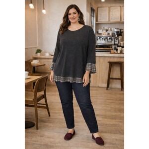 Chicos Sweater Woven Ruffle Sleeve Plaid Detail Heather Gray Lace-up NWT 3 XL